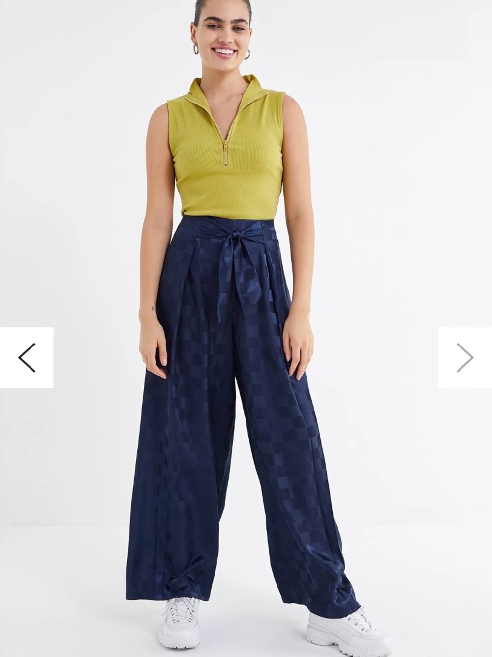 Urban Outfitters Navy Check Satin Wide-Leg Tie Waist Pants - Picture 4 of 5